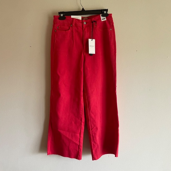 Judy Blue High Waist Garment Dyed Red Tummy Control Wide Leg Crop Denim Jeans - Picture 4 of 10